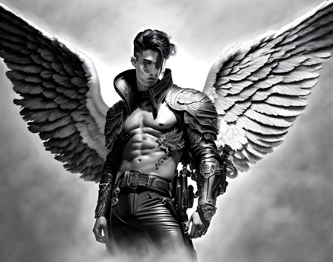 Monochrome image: Stylized male figure with intricate wings and futuristic armor.