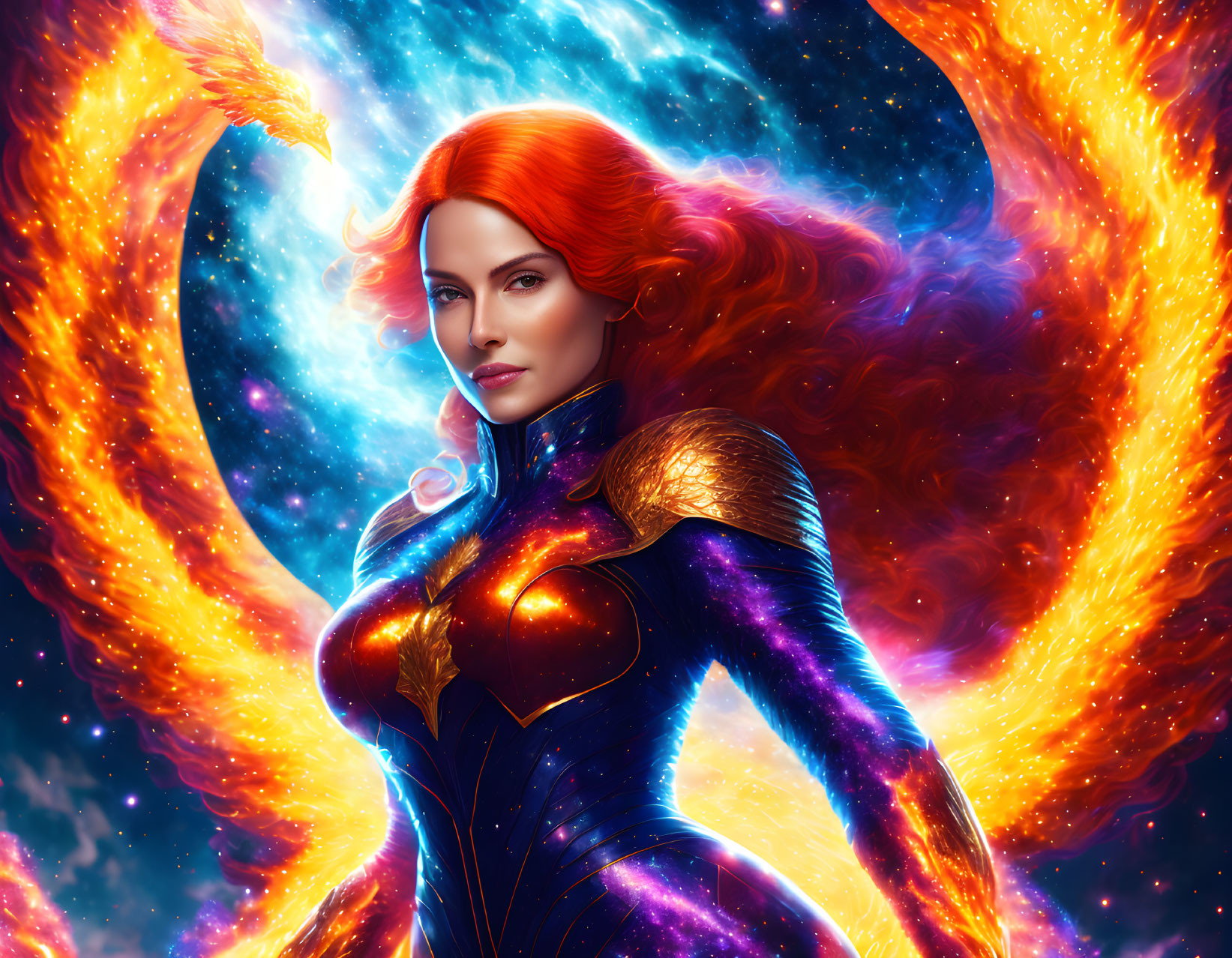 Vibrant digital artwork of female superhero with fiery red hair and cosmic phoenix.