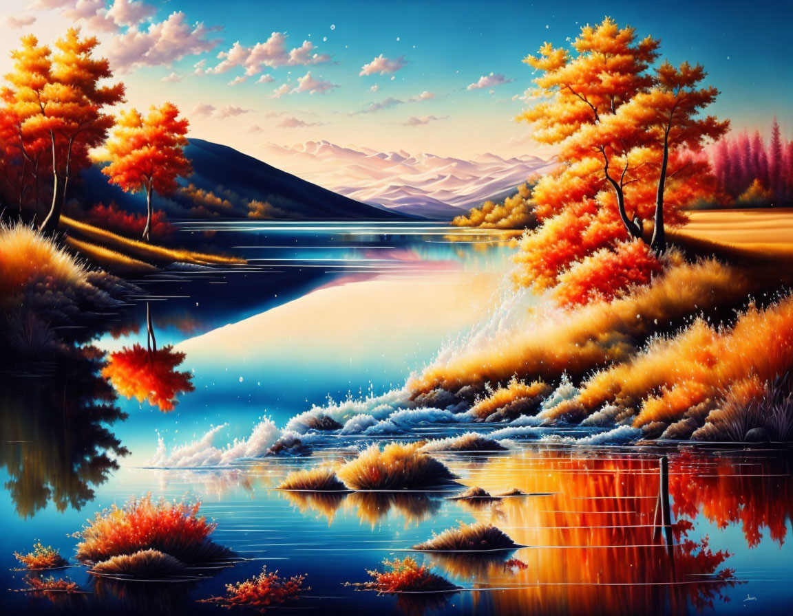 Autumn landscape with red and orange foliage, tranquil lake, rolling hills, twilight sky