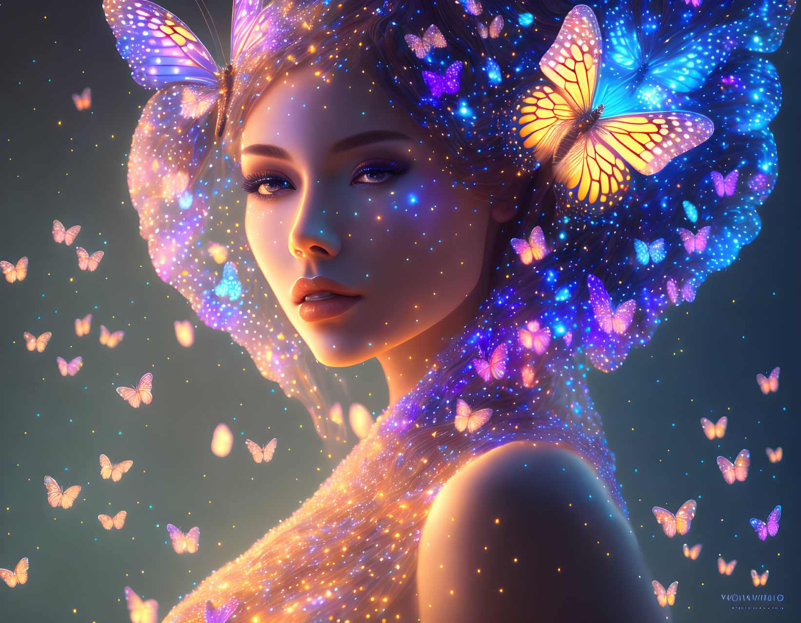 Digital artwork: Woman with butterfly wings in hair, glowing butterflies, starry blue background