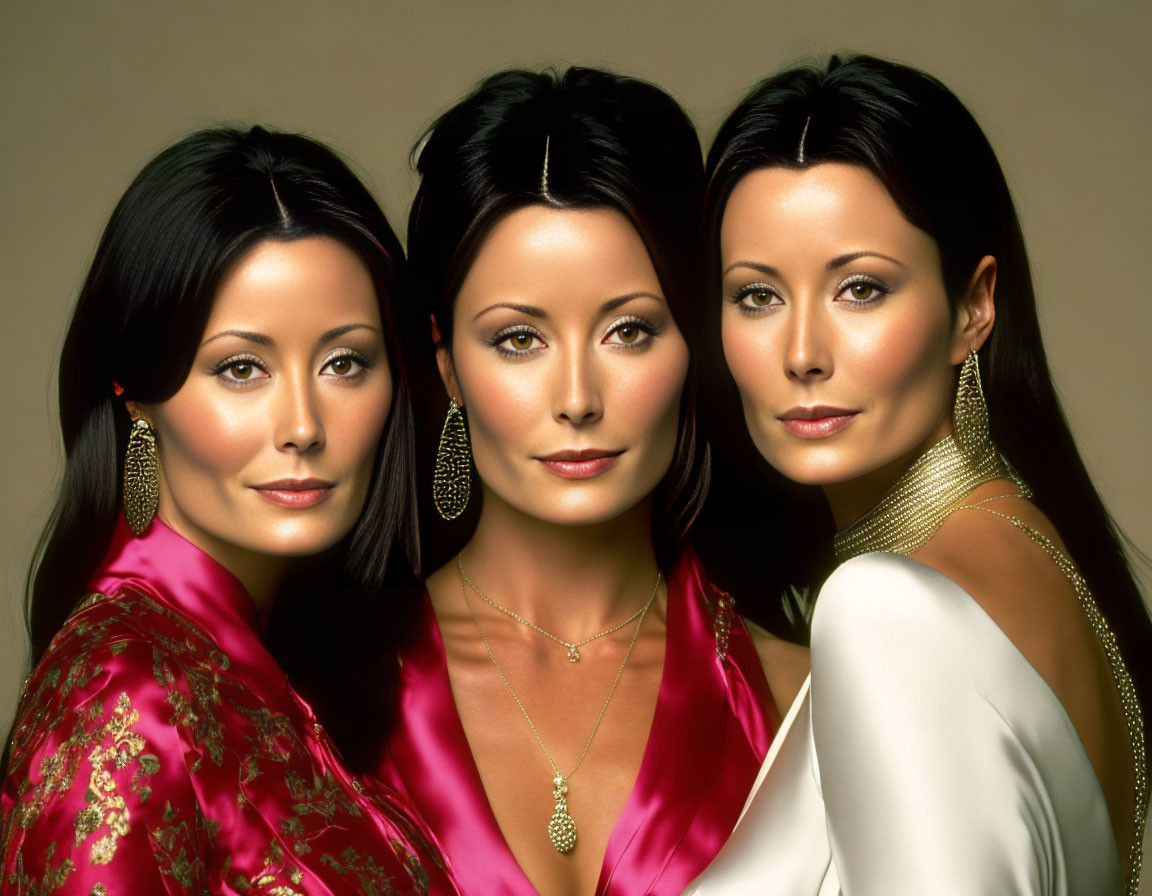 Three Women in Elegant Dresses and Jewelry Posing Together