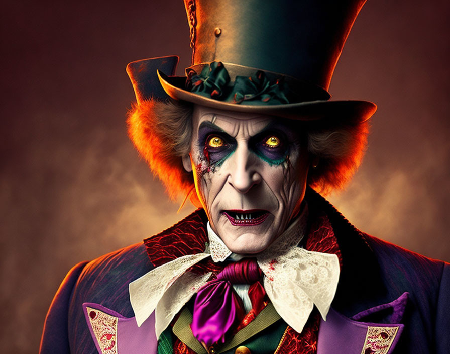 Menacing Mad Hatter with Exaggerated Features and Dark Makeup