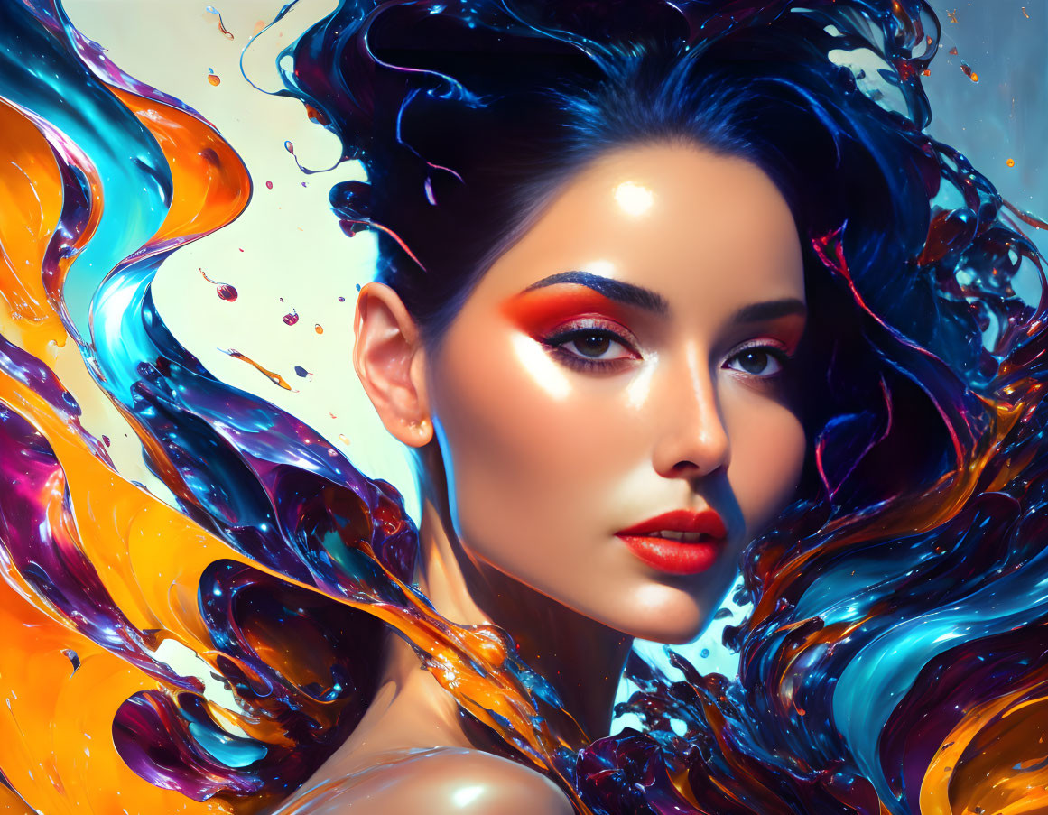 Vibrant makeup art with flowing liquid colors on a woman