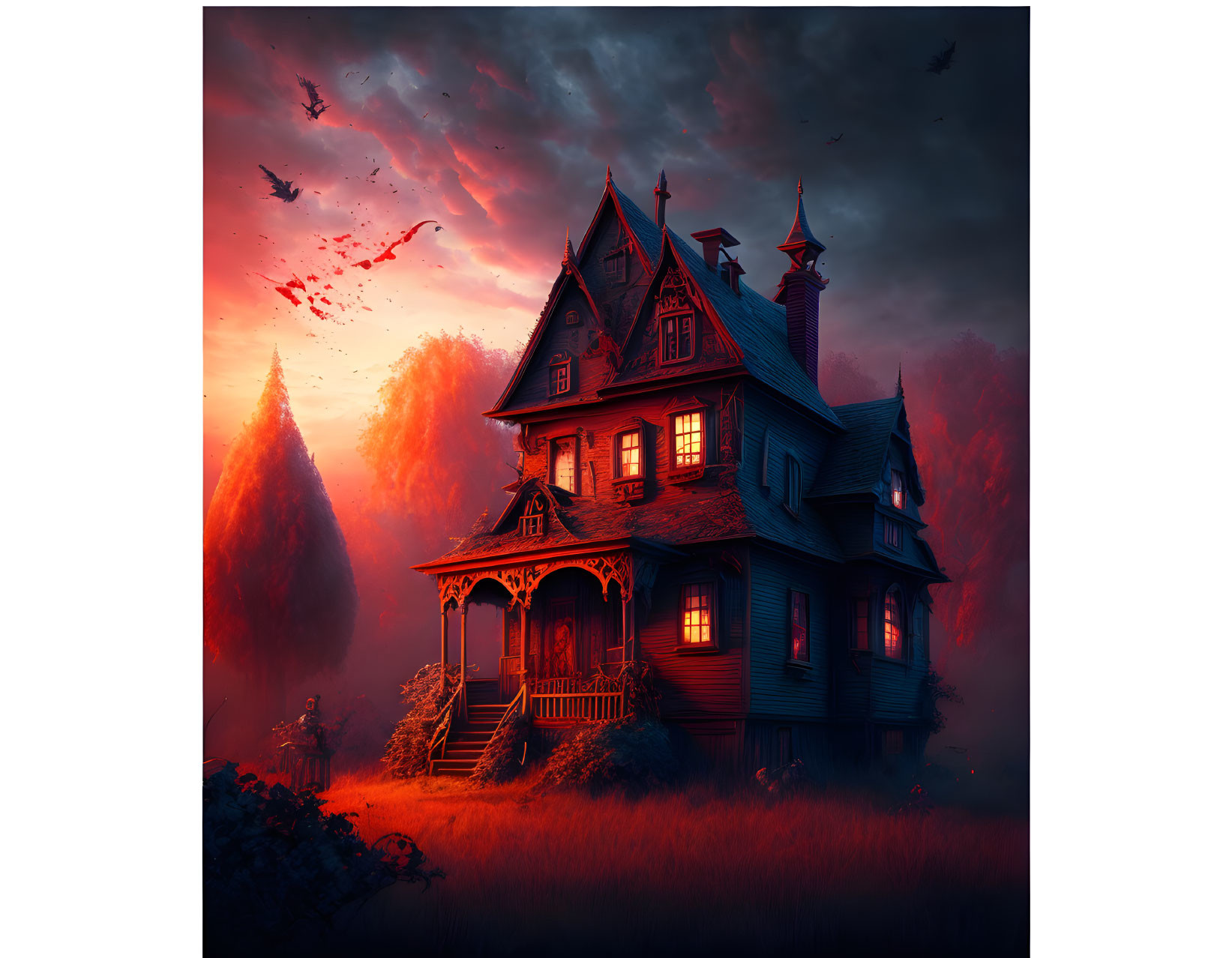 Victorian-style House Twilight Scene with Red Foliage and Birds