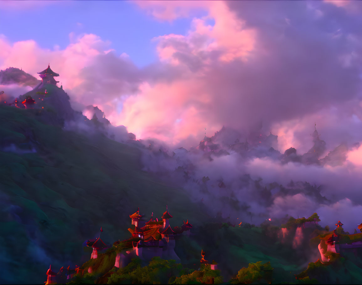 Ethereal Asian-style buildings on misty mountains at sunset