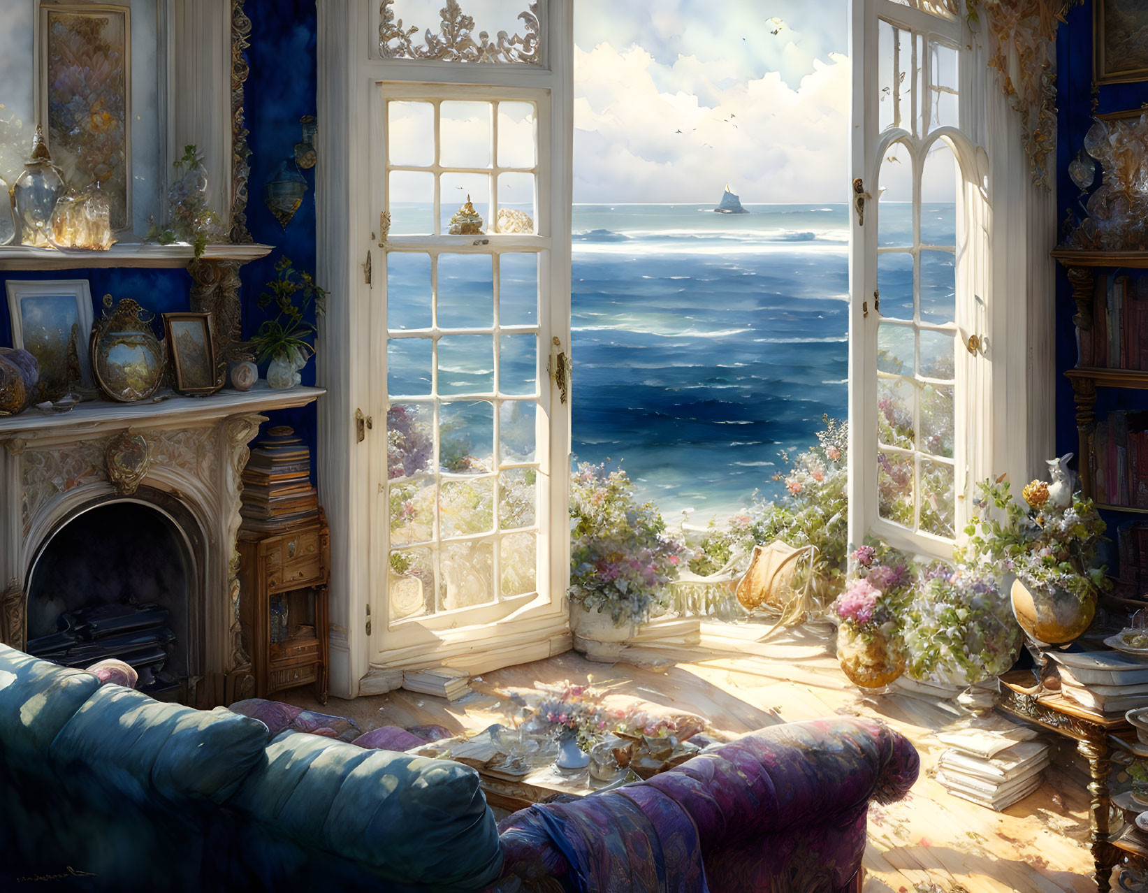 Vintage Room with Sea View, Elegant Furniture, Fireplace, and Flowers