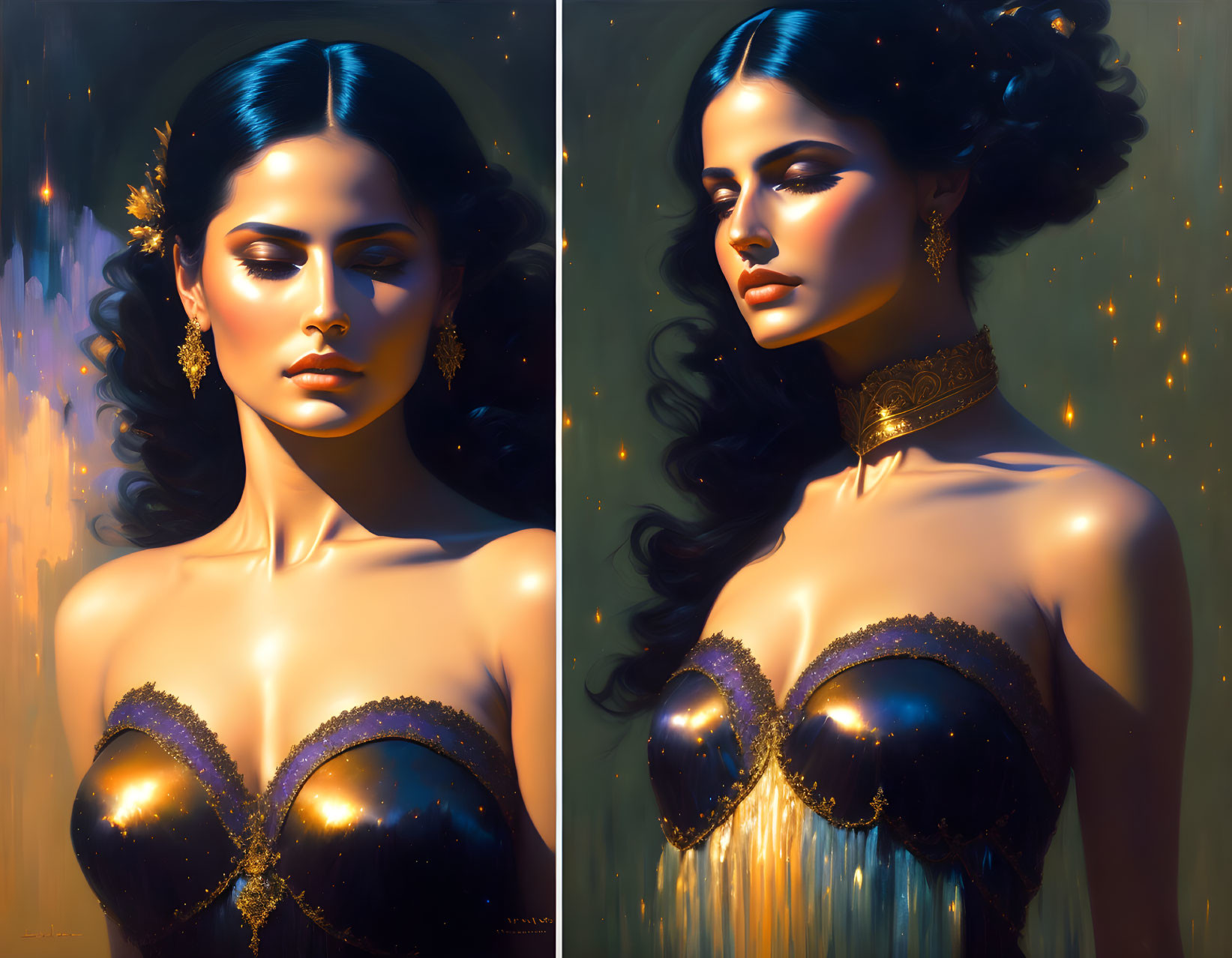 Dark-haired woman in gold jewelry on warm background with floating sparks