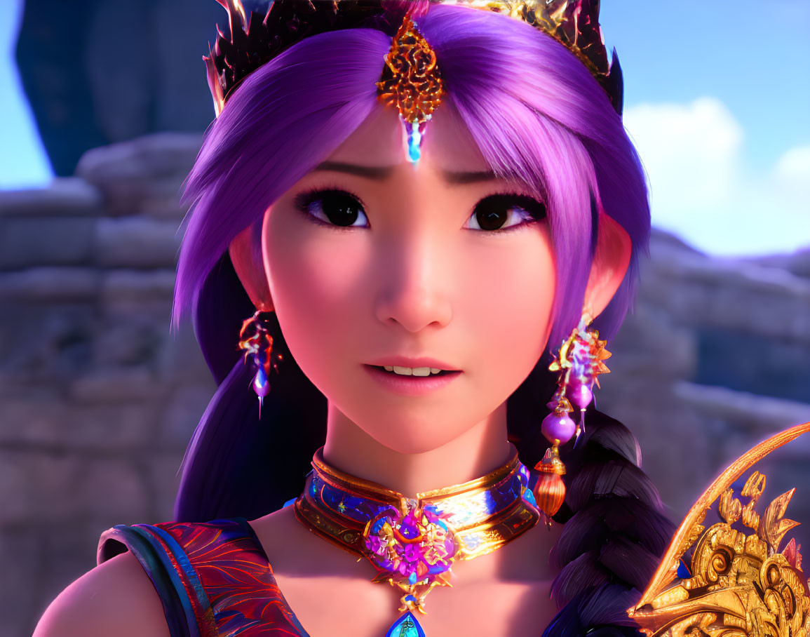 Purple-haired animated character in crown and vibrant attire smiles gently.