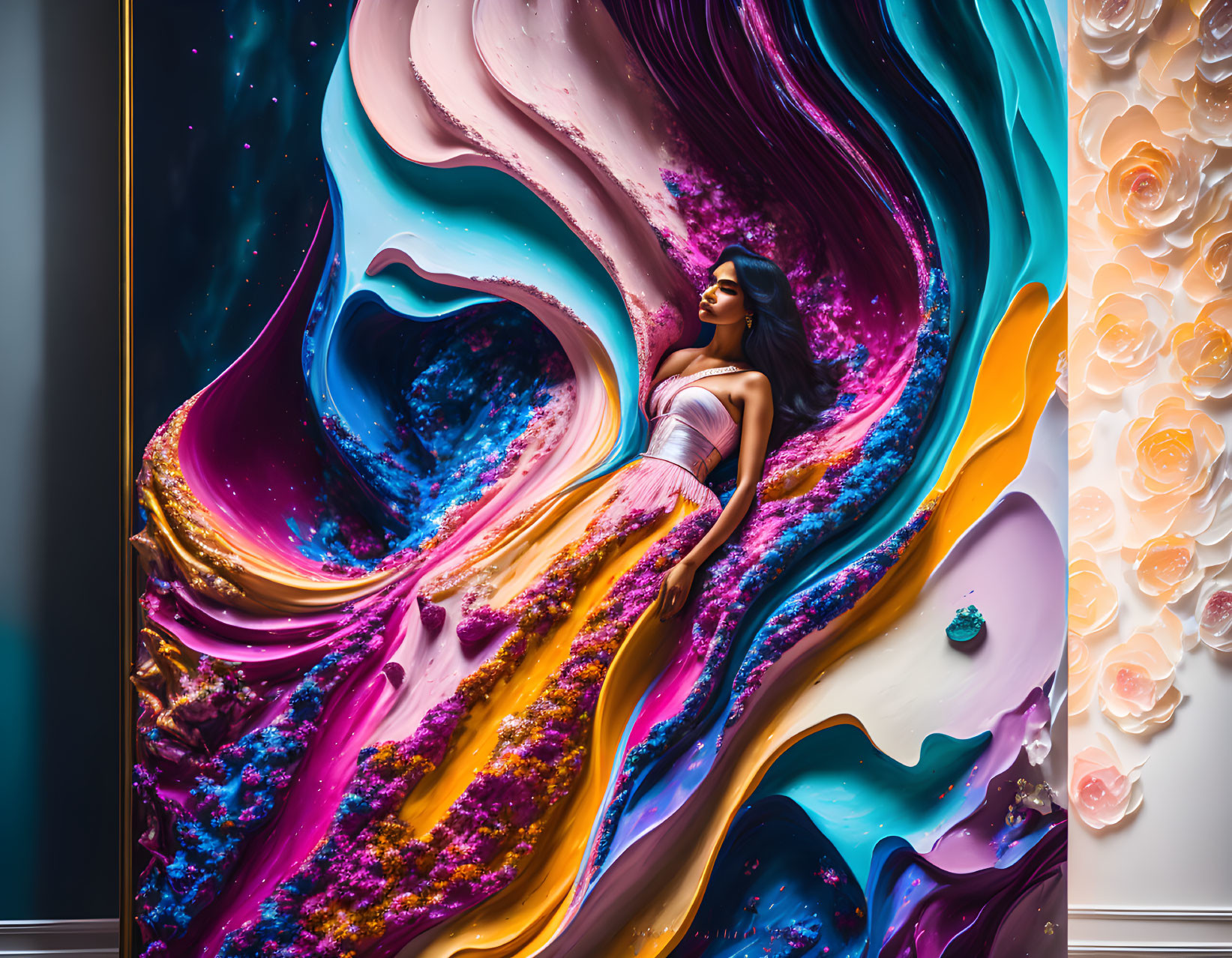 Woman blending into vibrant abstract art with swirling colors and floral elements