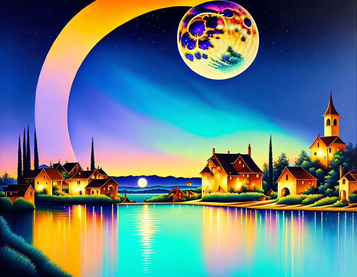 Surreal landscape with crescent moon, planet, village, church, lake at twilight