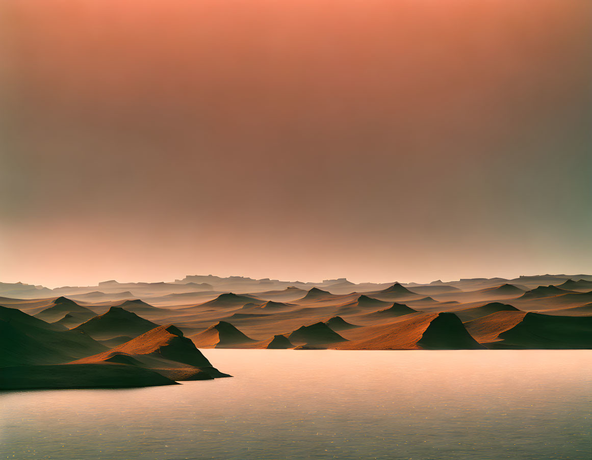 Tranquil waters and desert dunes under a reddish sky