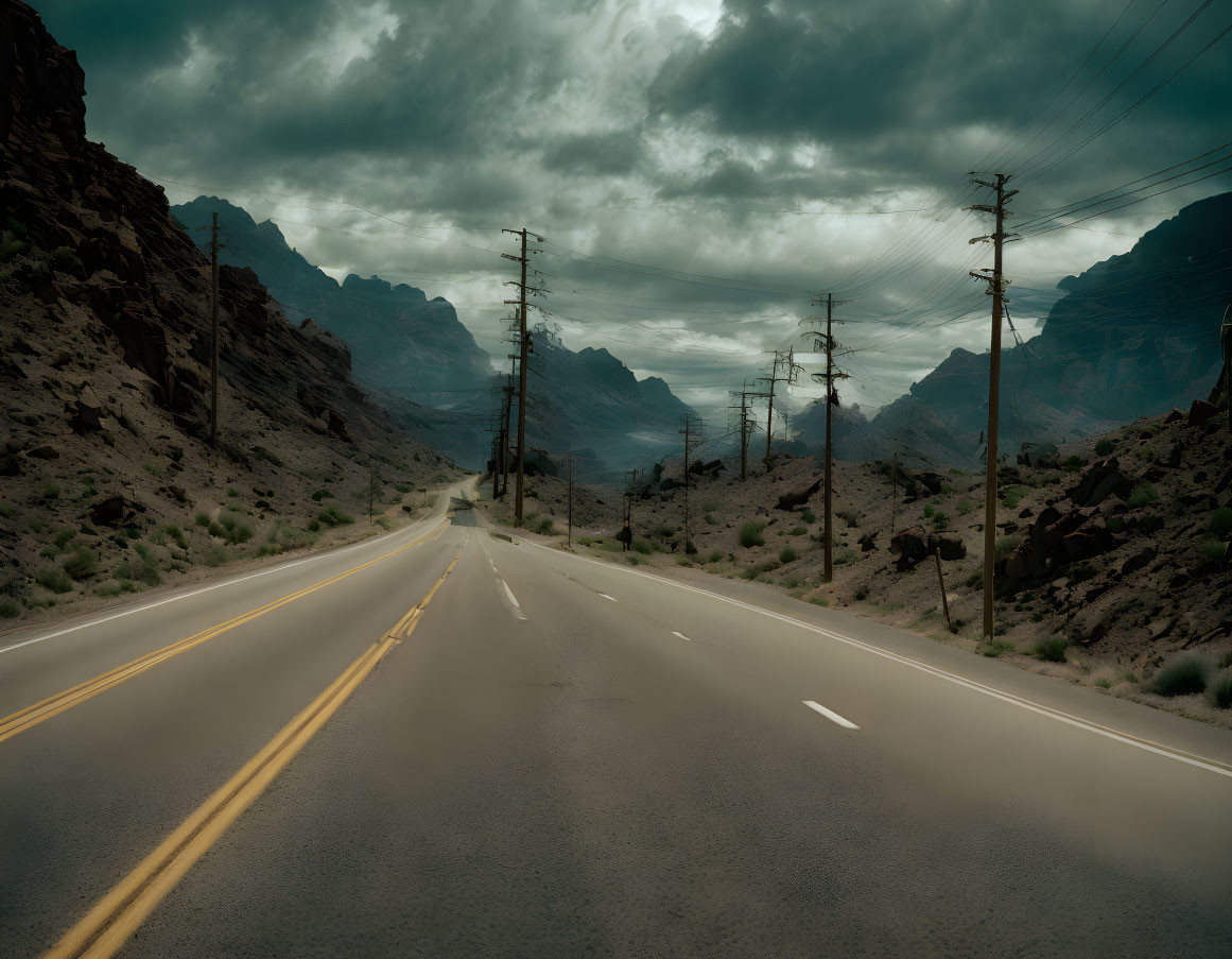 Desert landscape: Moody view of empty road under stormy sky