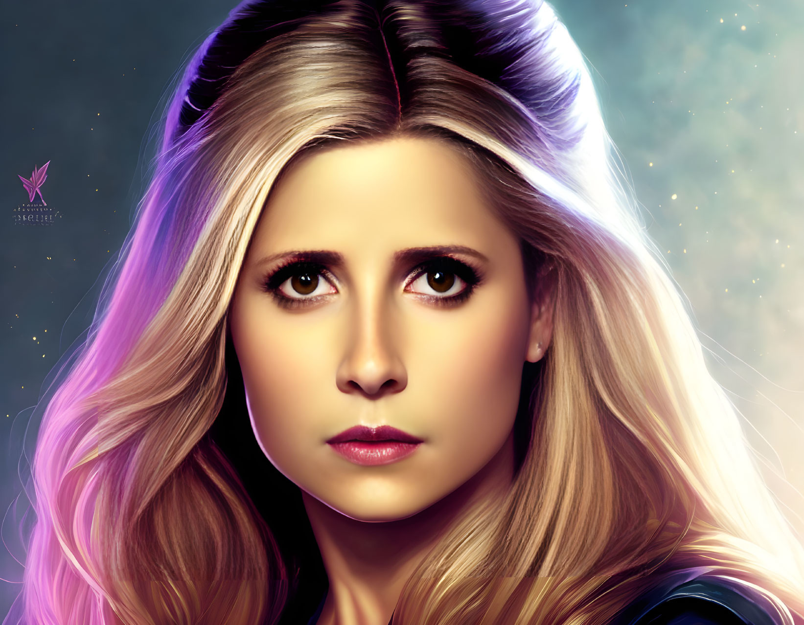 Blond-haired woman in digital portrait with cosmic background