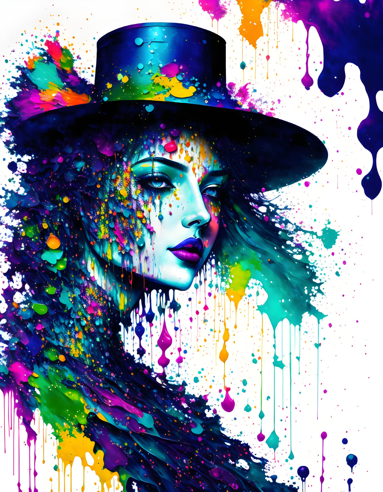 Colorful Abstract Art: Woman with Hat in Dynamic Paint Splashes