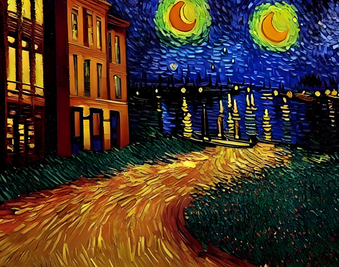 Expressionist-style painting of starry night sky, swirling clouds, crescent moon, town, river