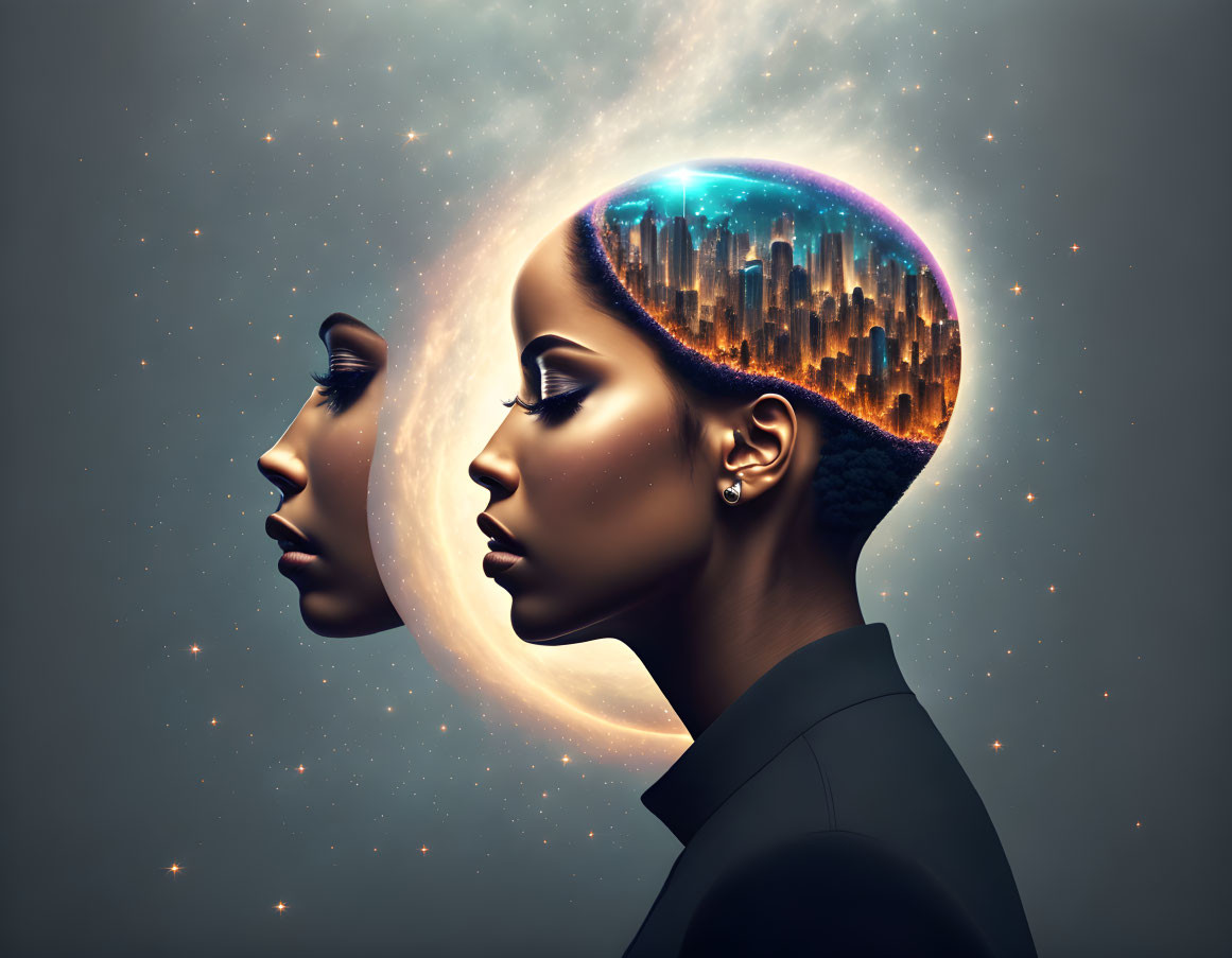 Dual women profiles in cosmic setting with cityscape inside one head and glowing halo.