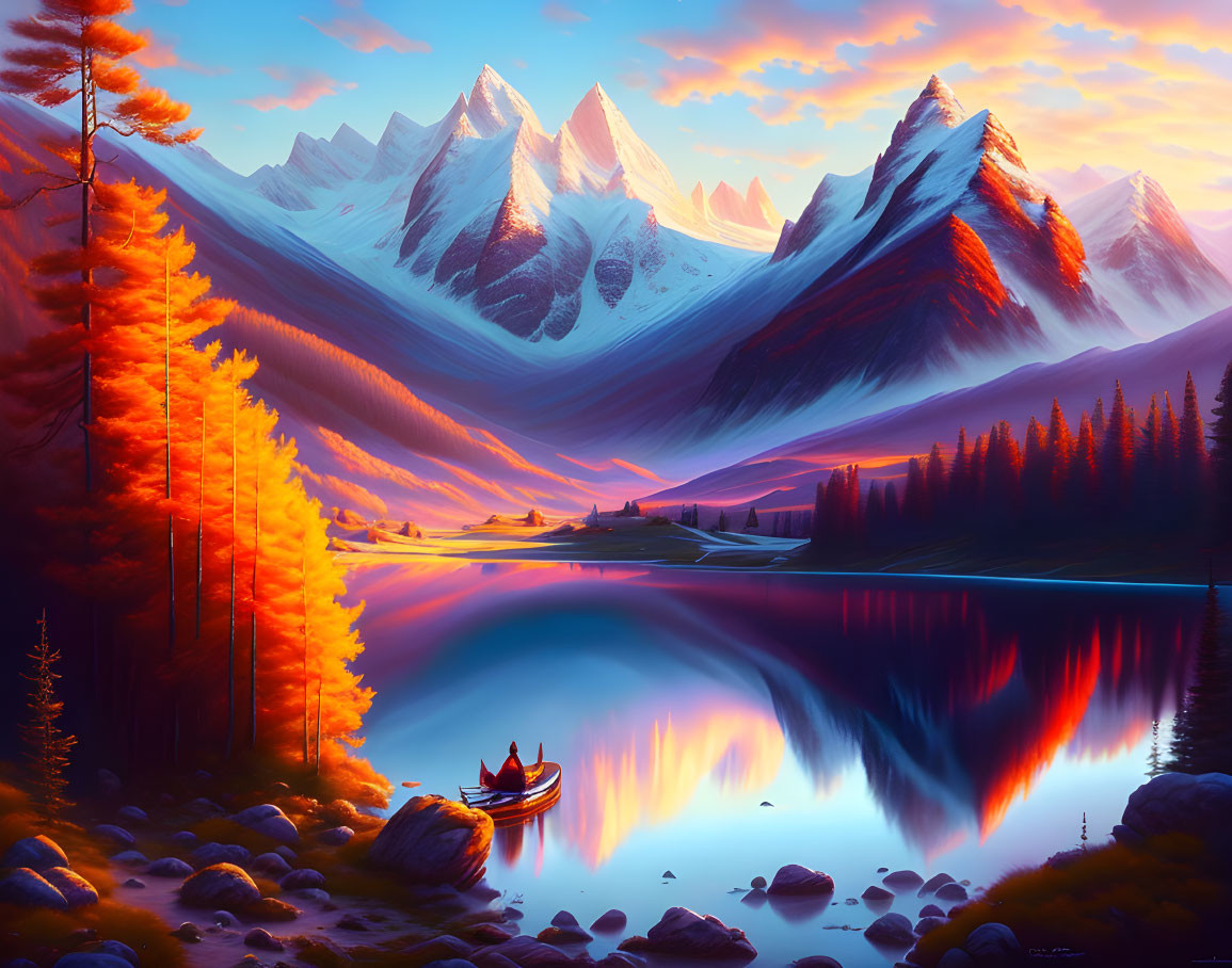 Tranquil landscape with lake, boat, figures, trees, and snowy mountains at sunset