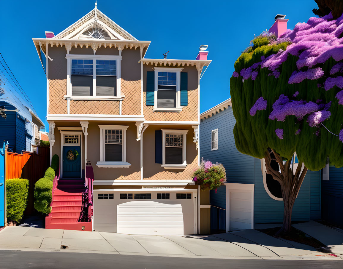 Victorian-style house with pink stairway, white garage door, purple tree