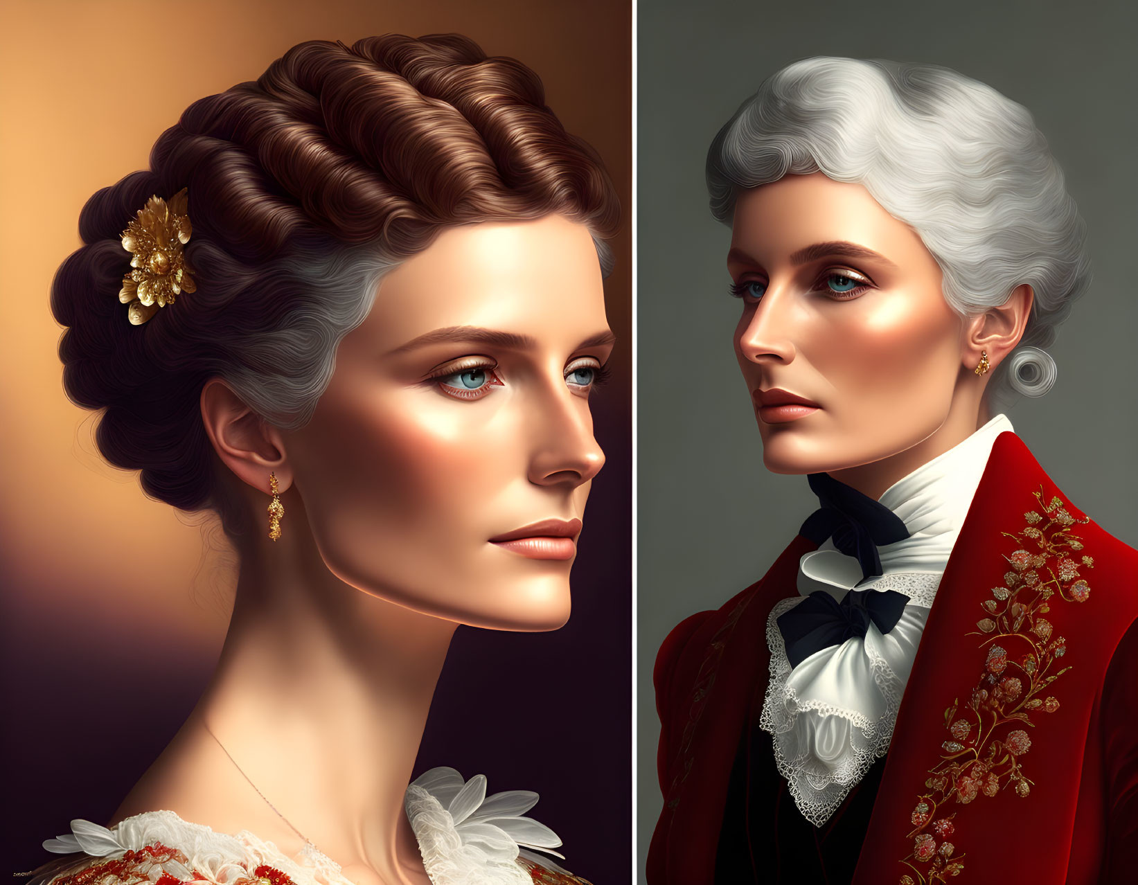 Split portrait: Woman with braided updo and flower, man with white hair in red coat.