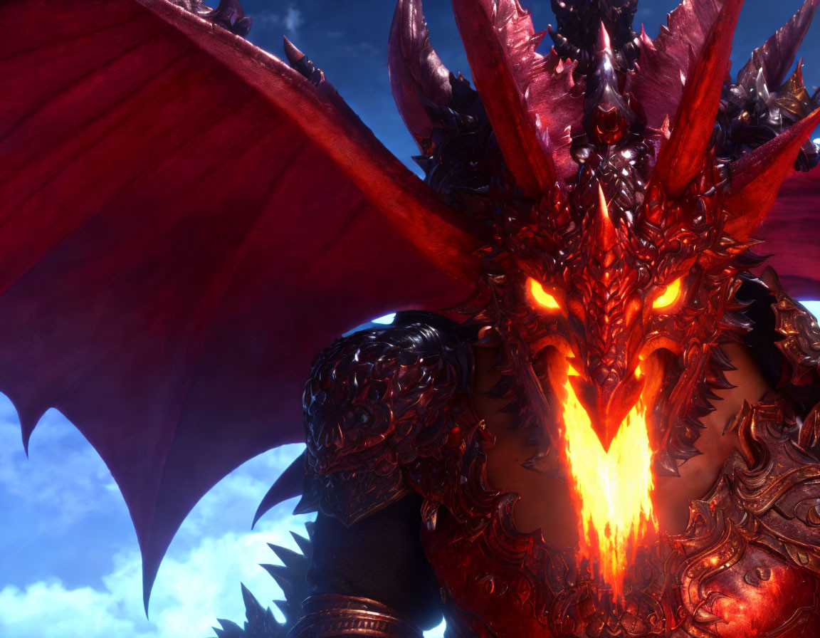 Red Dragon with Glowing Eyes and Fiery Breath under Blue Sky