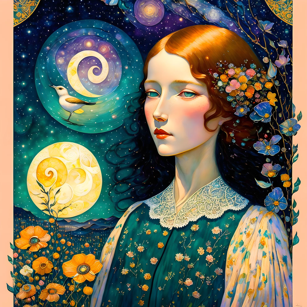 Red-haired woman with floral adornments in cosmic setting with dove, crescent, and full moon.