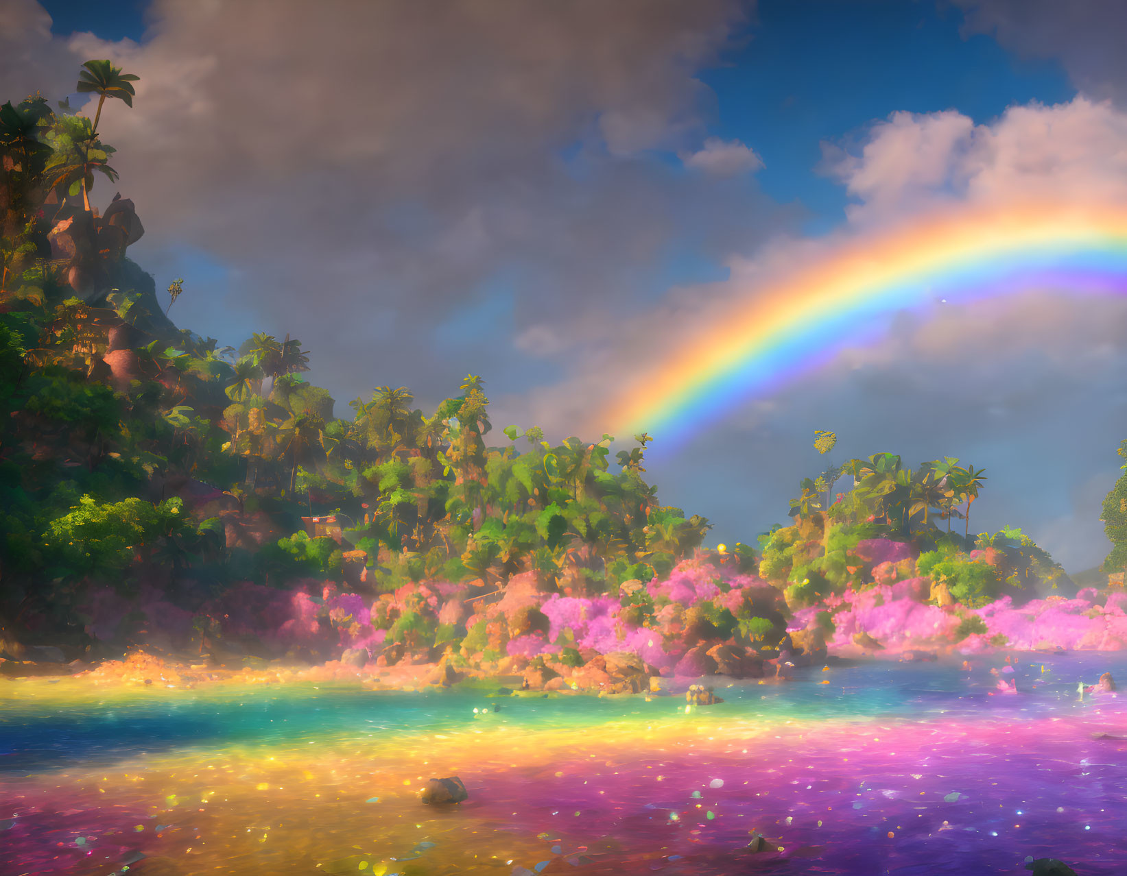 Colorful rainbow over tropical landscape with pink flowering trees and shimmering water