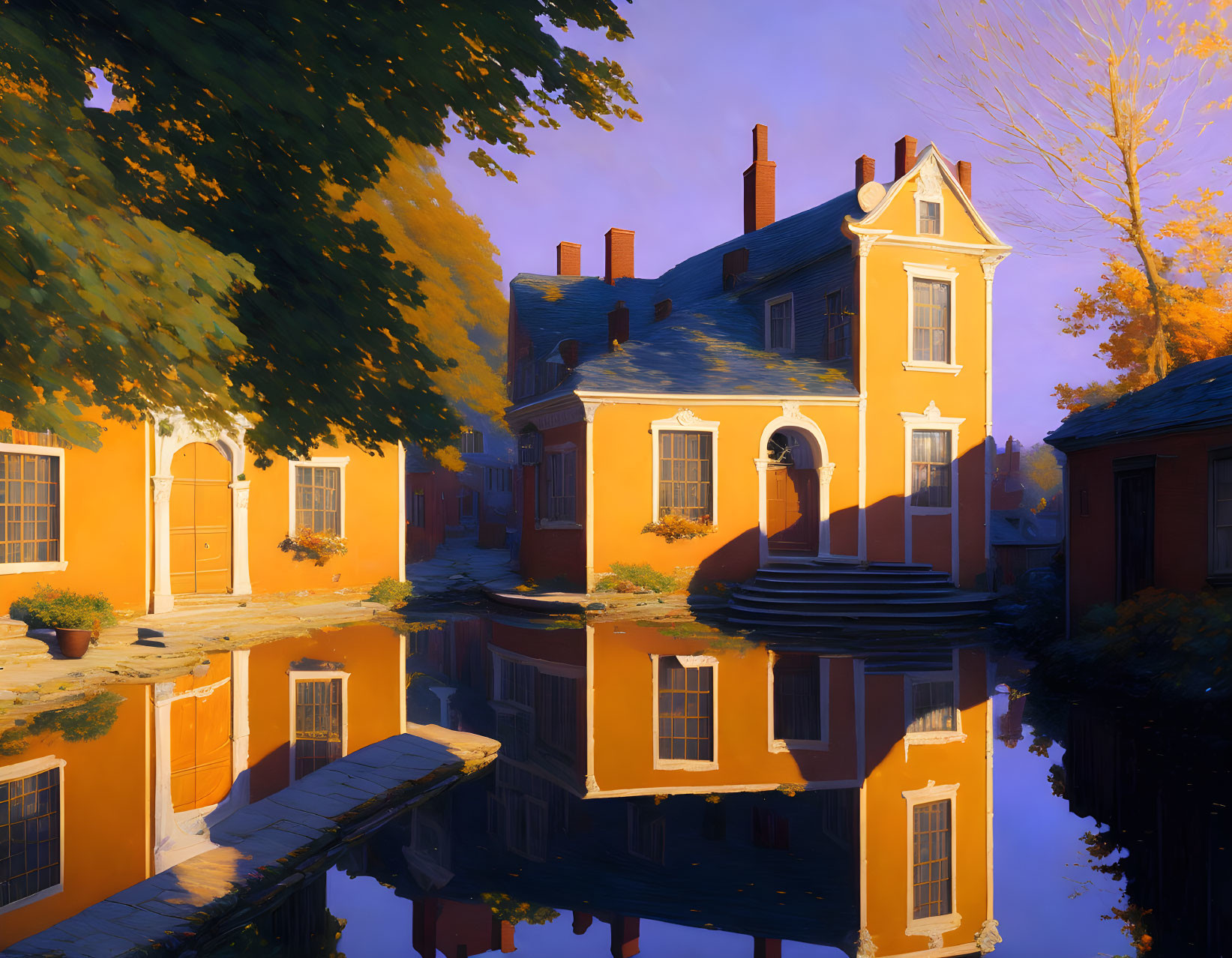 Colonial-style house in warm sunlight with autumn trees and tranquil pond