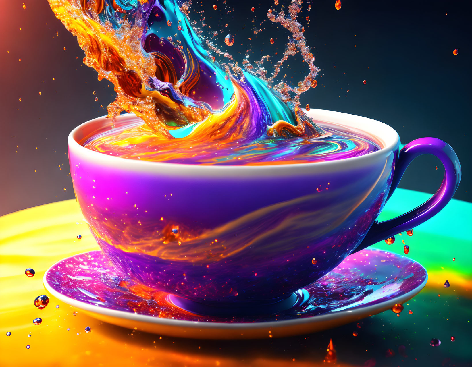 Colorful liquid splashing into purple cup with galaxy swirls