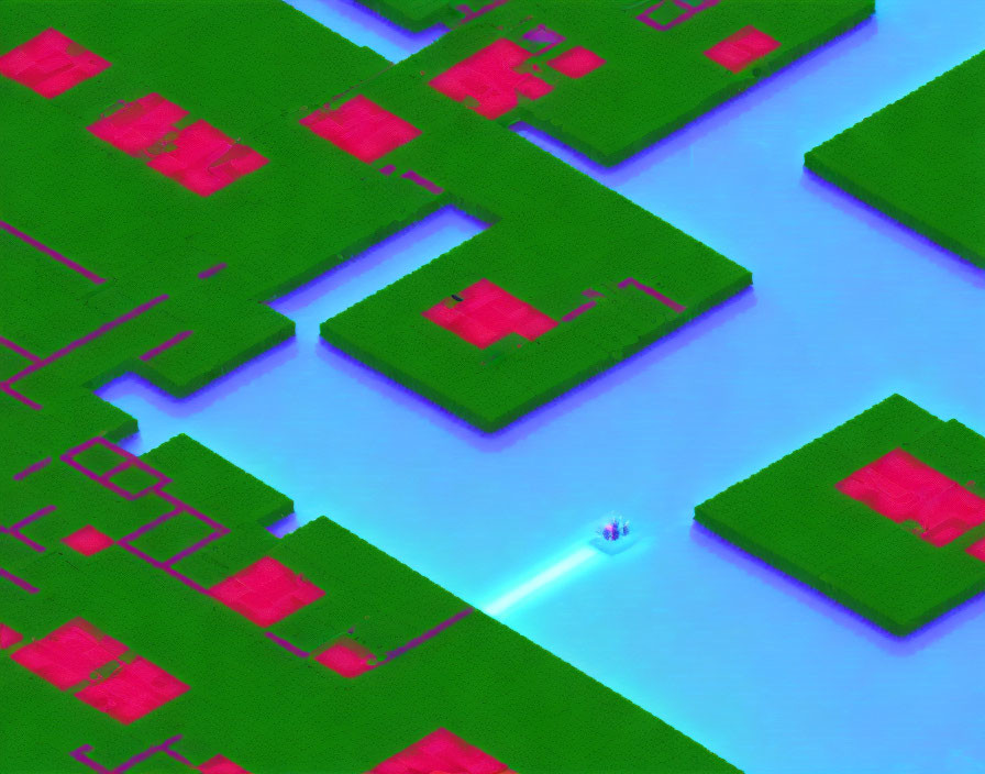 Digital 3D landscape with green platforms, red structures, and blue waters, white figure included