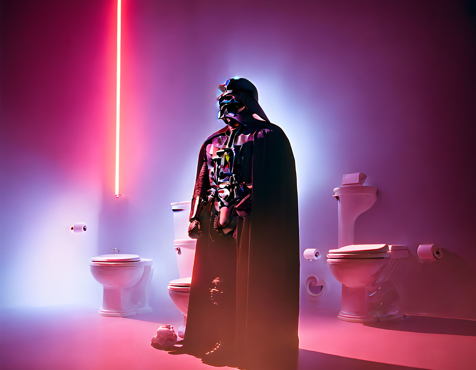 Sci-fi character in bathroom with pink and purple lighting and red beam