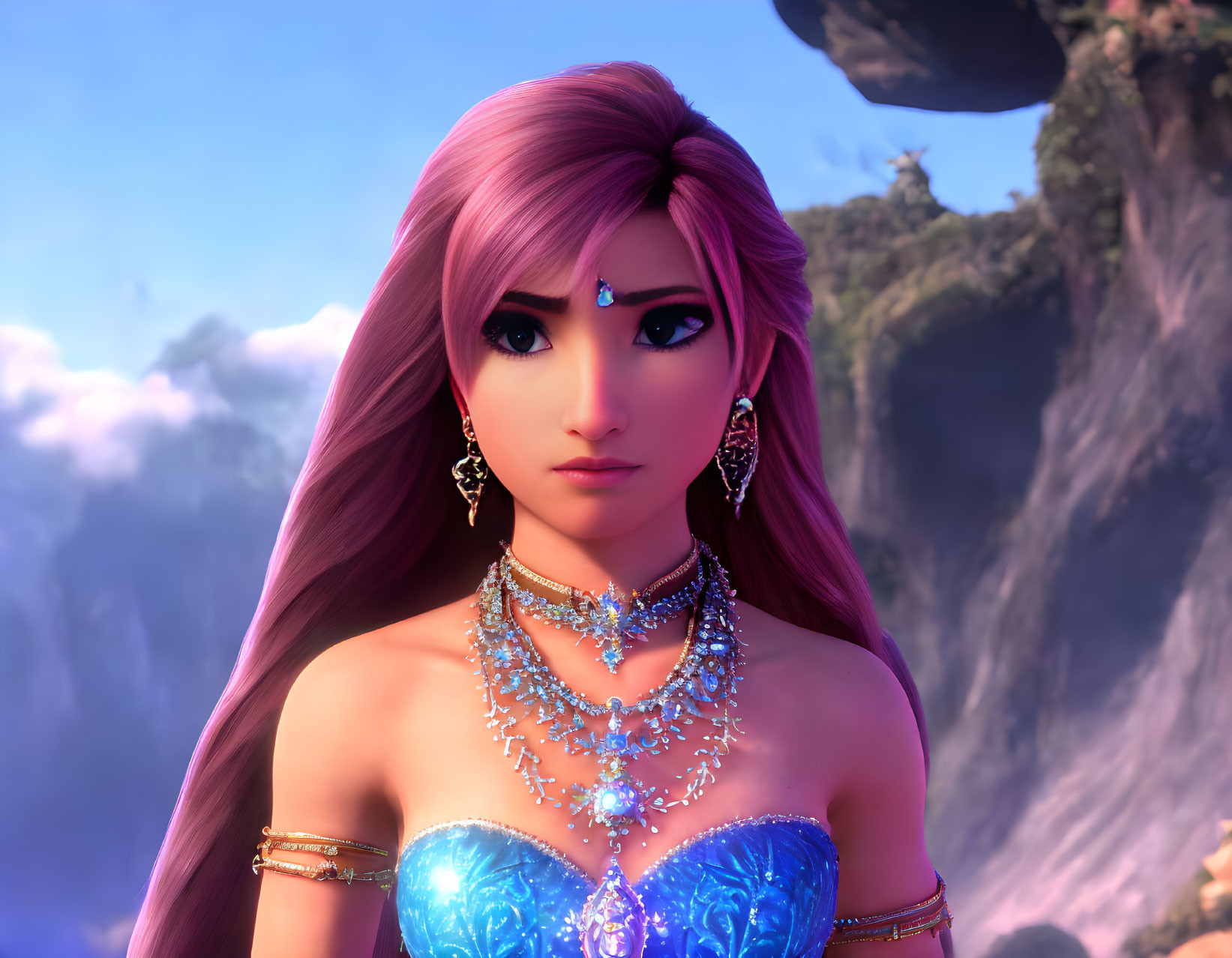 Close-up of 3D-animated female character with pink hair and blue dress against natural backdrop