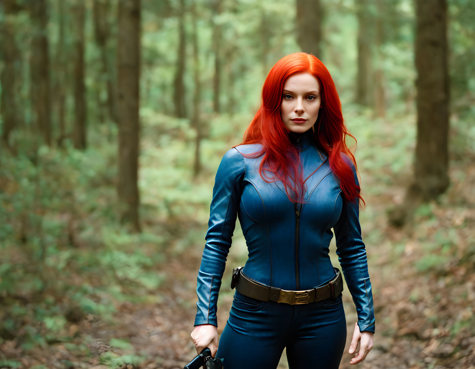 Red-haired woman in blue bodysuit amid dense forest