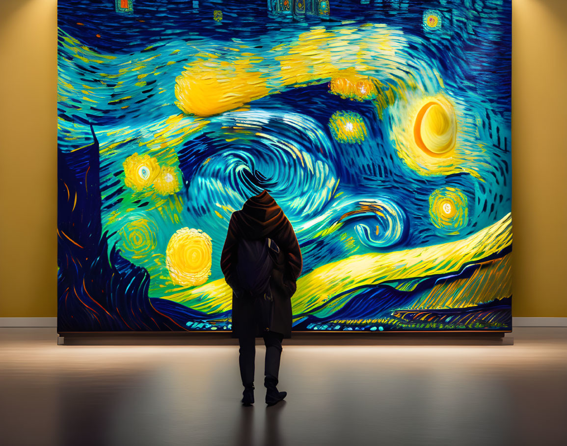 Person in dark coat gazes at vibrant "Starry Night" painting in yellow-walled gallery