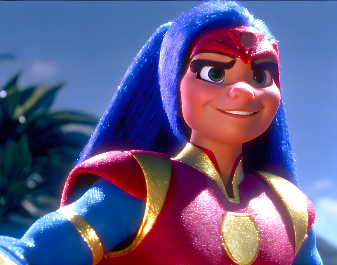 Blue-haired superheroine in red and gold costume smiles under sunny sky