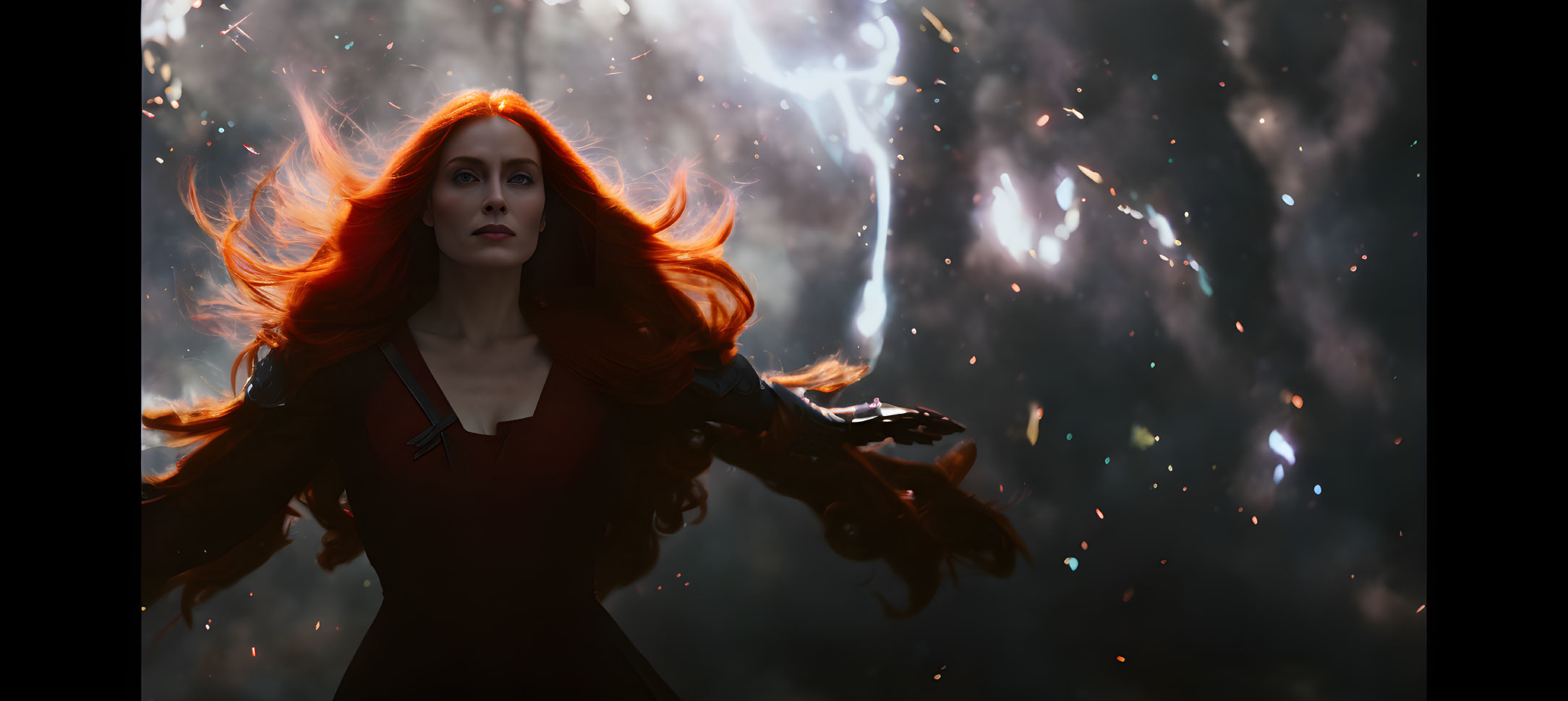 Red-haired woman in dark costume surrounded by mystical embers and smoke