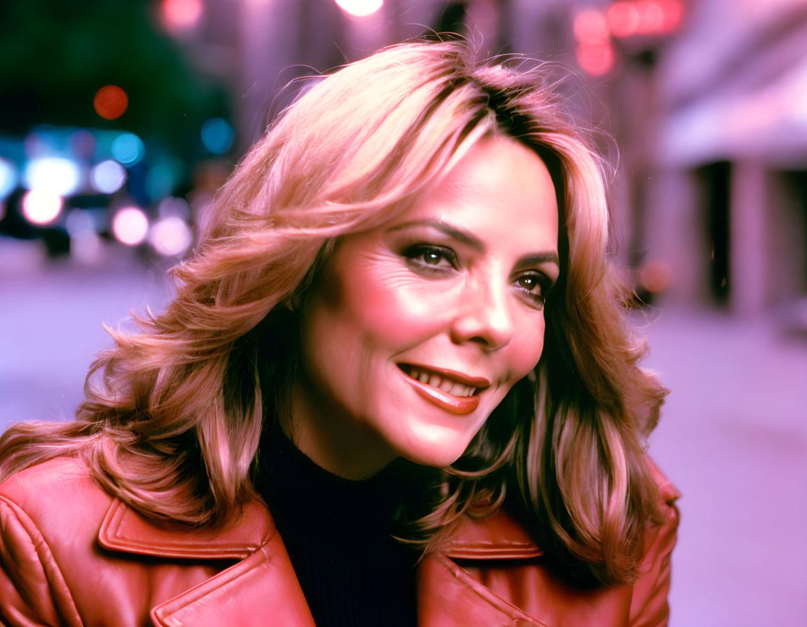 Blonde woman in red leather jacket against city lights.