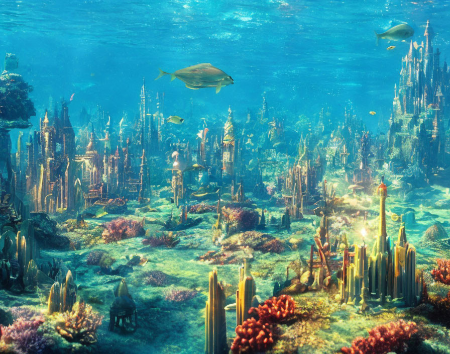 Vibrant coral reefs in underwater cityscape with fish and sunlight