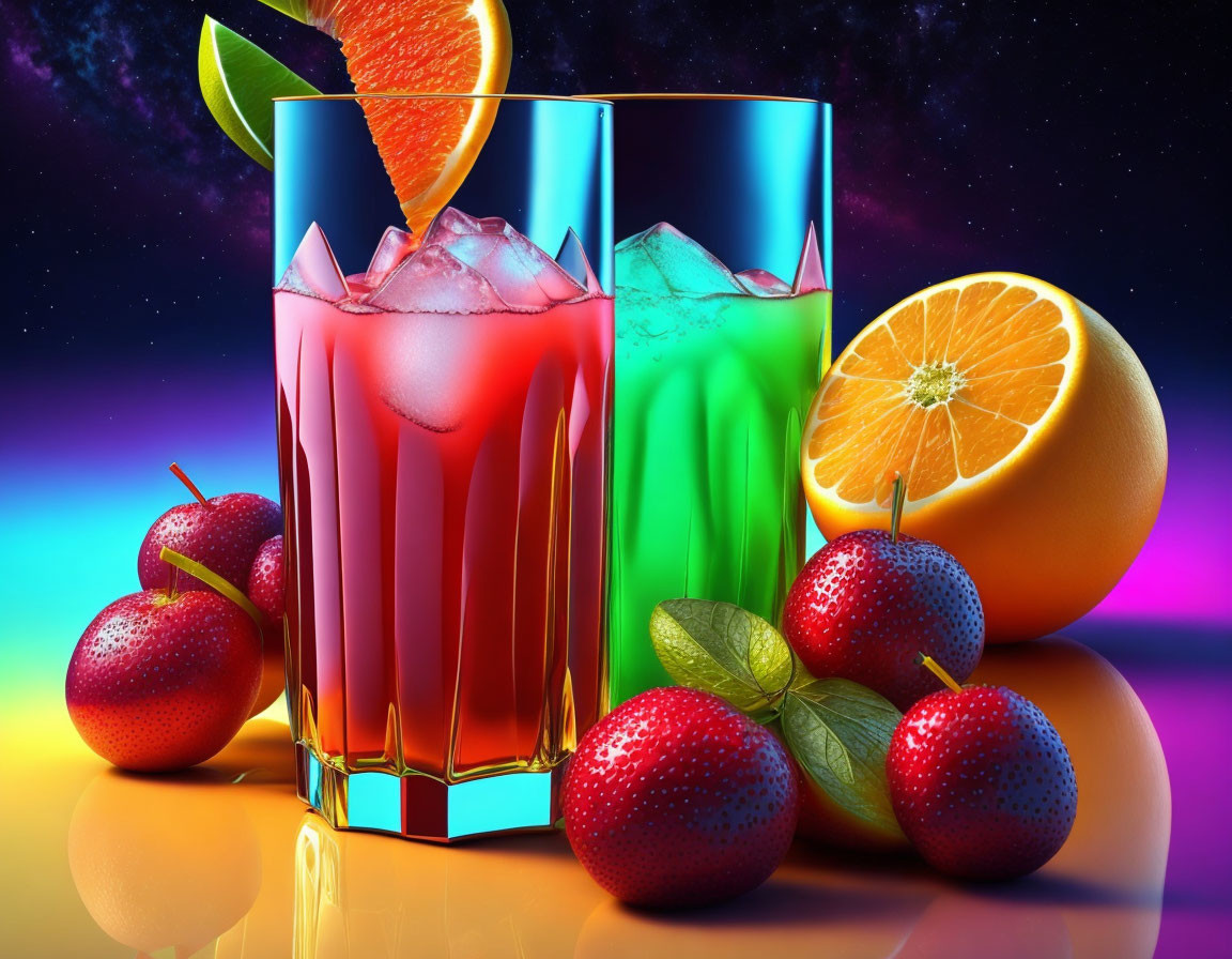 Colorful Cosmic Cocktails with Fruit Garnish and Fresh Strawberries