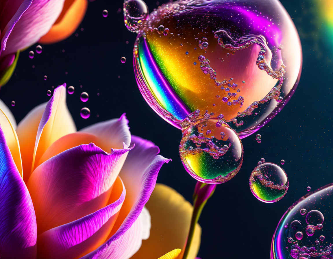 Colorful soap bubbles and tulips with rainbow backdrop.