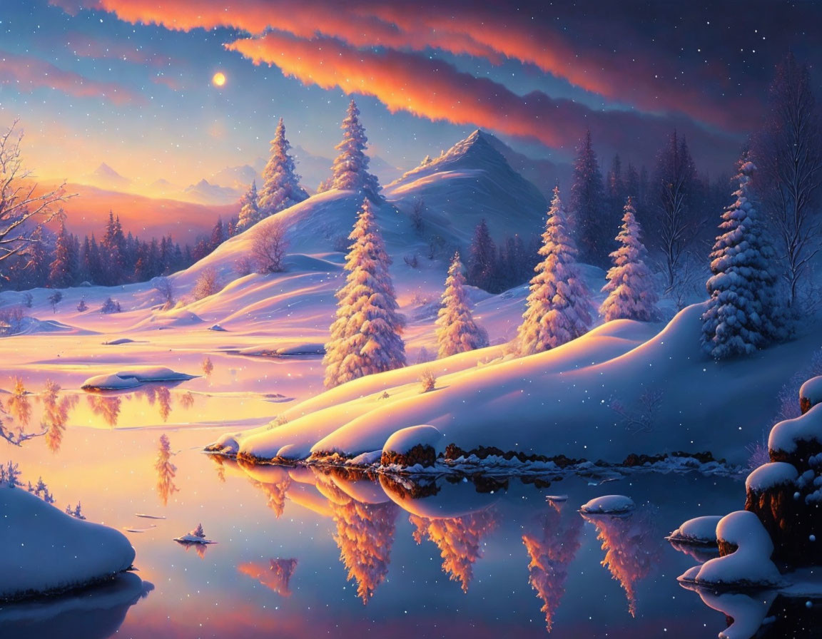 Snow-covered trees, reflective river, colorful sky: serene winter dusk scene