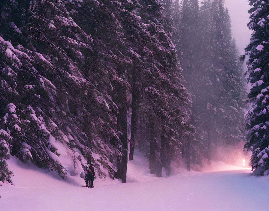 Snowy forest scene with tall pine trees, distant light glow, and skis in snow