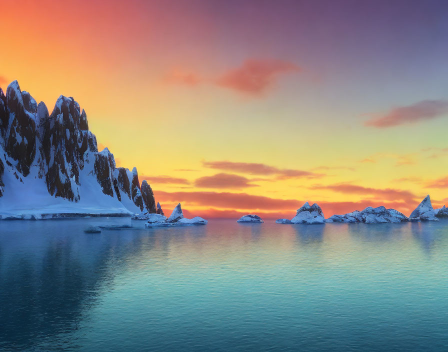 Snowy Peaks and Sunset Sky Reflecting in Calm Waters