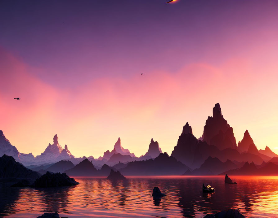 Tranquil sunset scene with purple-pink hues, silhouetted mountains, boat, and