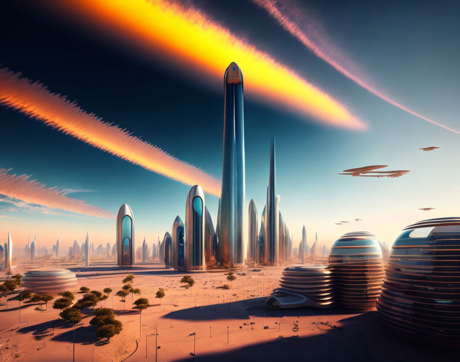 Futuristic cityscape with sleek skyscrapers and flying vehicles