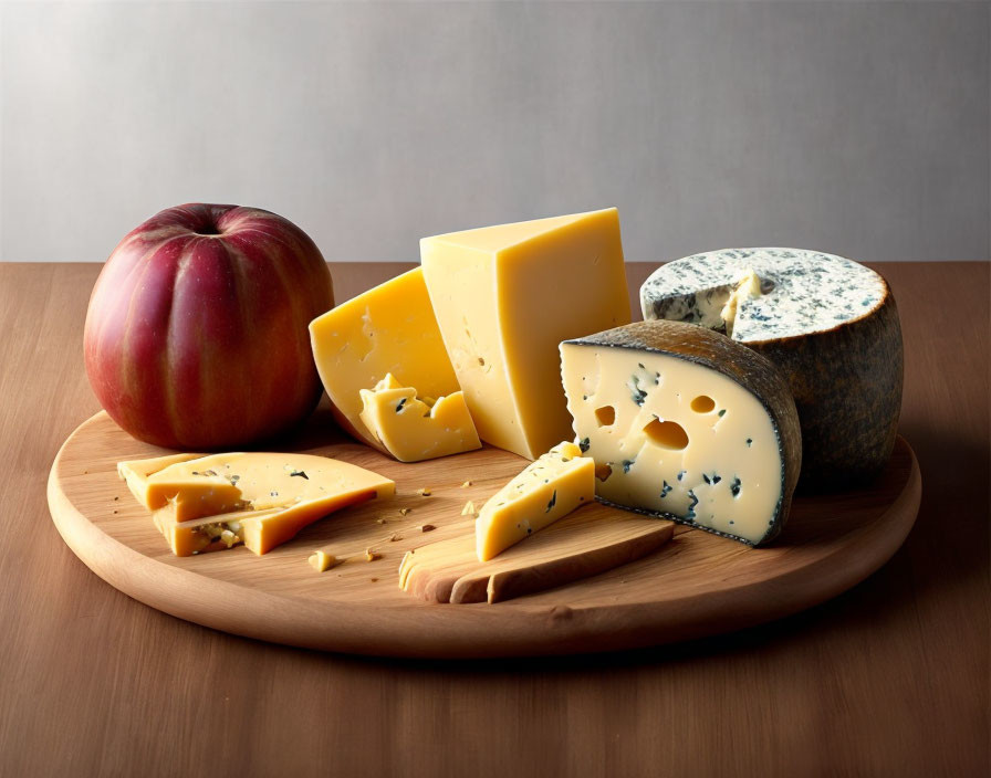 Assorted Cheeses and Apple on Wooden Board