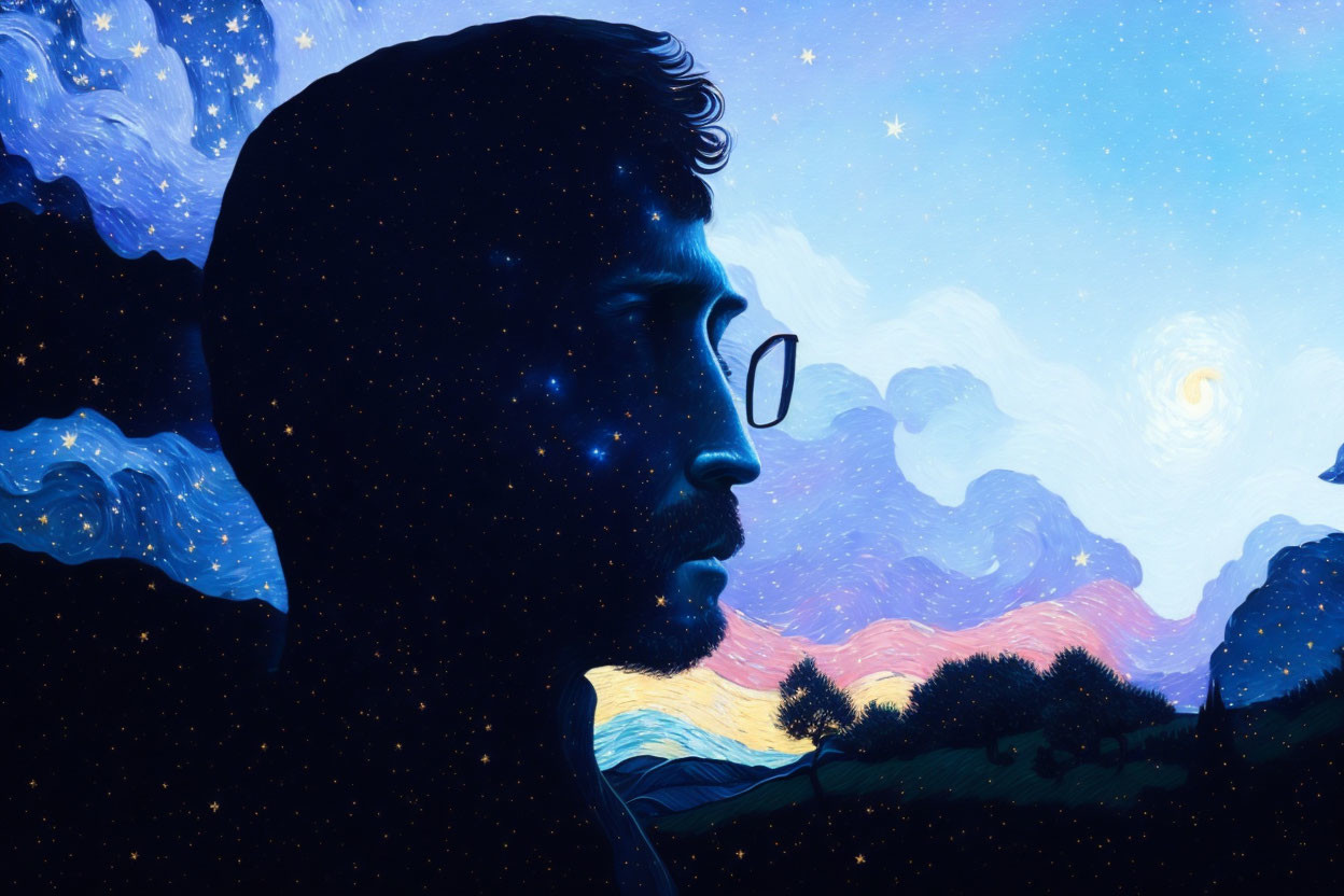 Silhouette of bespectacled man with cosmic scene blending into Van Gogh-inspired landscape