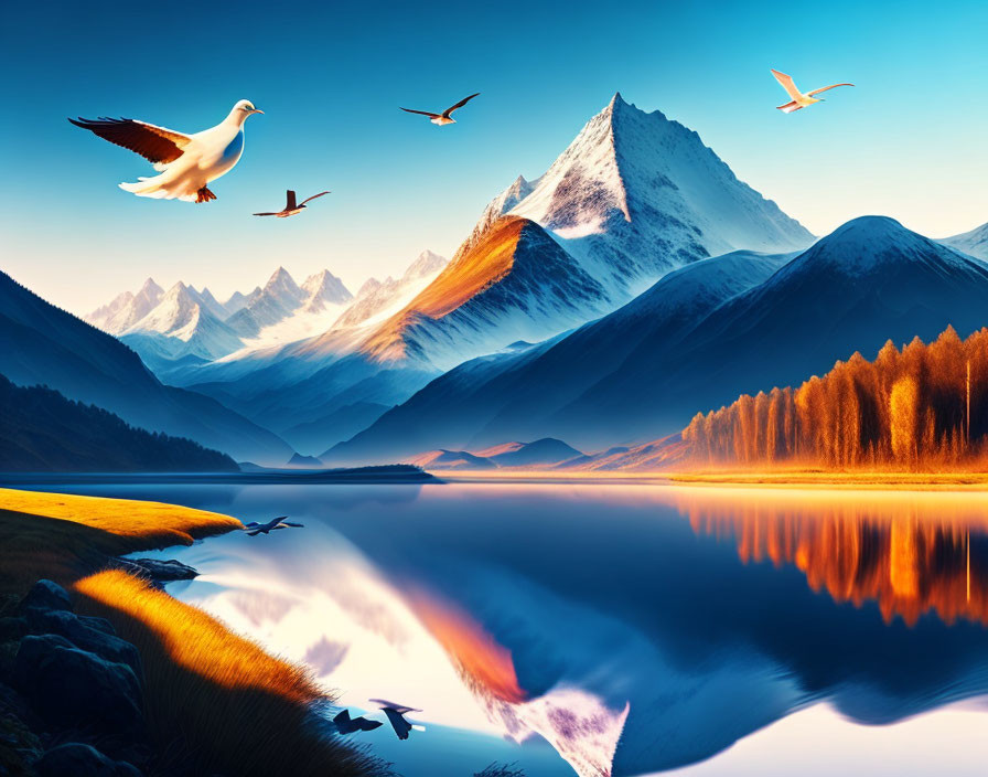 Snow-capped mountain reflected in calm lake amidst autumn trees and birds under clear blue sky