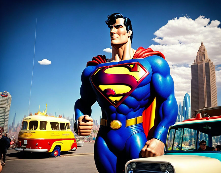 Colorful Superman illustration in city setting with vintage cars and yellow bus.