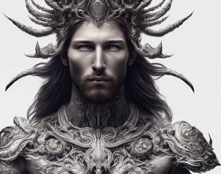 Male figure in silver armor with blue eyes and horned crown.