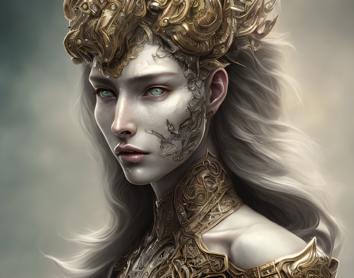 Fantasy portrait of woman with pale skin, green eyes, golden headpiece, and metallic facial decorations